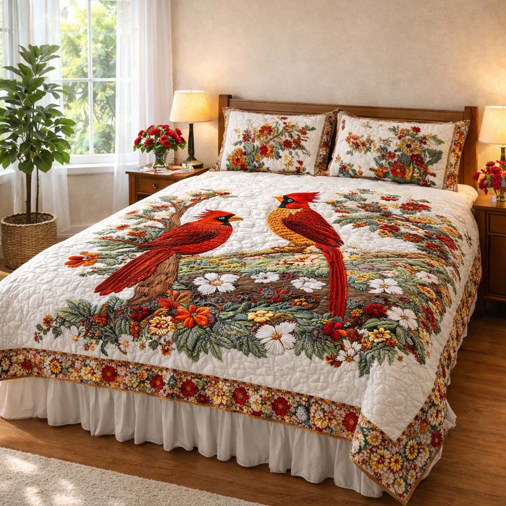 3-Piece Quilted Bedding Set - Cardinal Love Dance