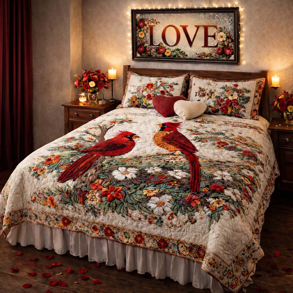 3-Piece Quilted Bedding Set - Cardinal Love Dance