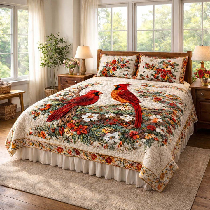 3-Piece Quilted Bedding Set - Cardinal Love Dance